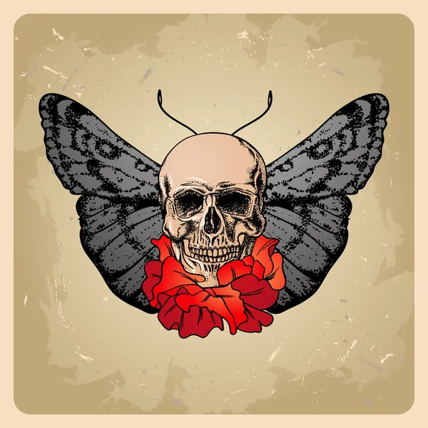 Crâne avec des fleurs et une teigne — Image vectorielle