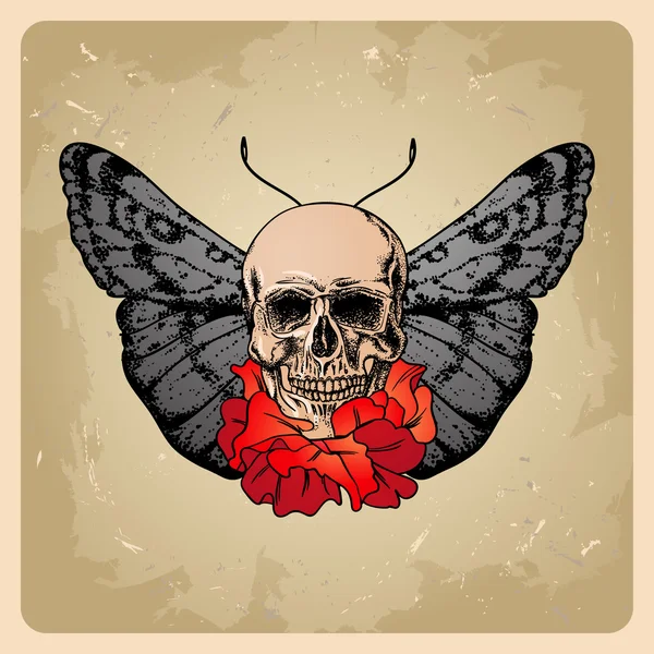 Calavera con flores y una polilla — Vector de stock