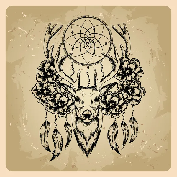 Deer with flowers and dream catcher Stock Illustration