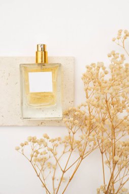 Beyaz arka planda taş tabakta saydam bir parfüm şişesi. Gün ışığıyla parfüm sunumu.