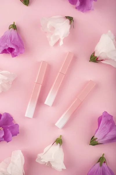 Lustro Lábio Casos Gradiente Rosa Branco Com Flores Hibisco Brancas — Fotografia de Stock