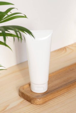 Krem için plastik beyaz tüp ya da güneş ışığı ve palmiye yapraklı doğal ahşap arka planda losyon. Cilt ürünleri, kuru bitkilerle birlikte doğal kozmetik ürünleri. Yüz bakımı için güzellik konsepti