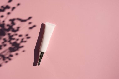 Metal kapaklı ve dar uçlu plastik beyaz göz kremi. Gül arkaplanının en üst görüntüsü bitki gölgesi ile. Cilt kozmetiği. Yüz bakımı için güzellik konsepti