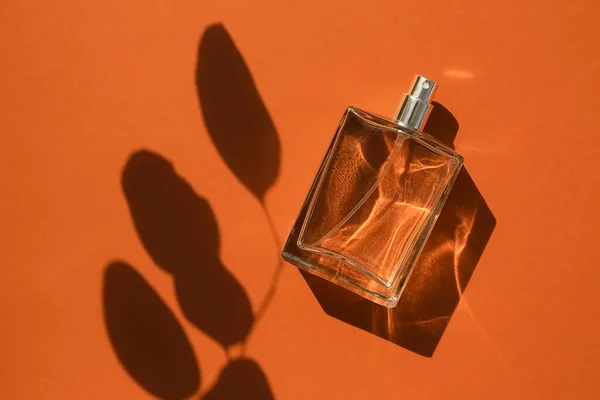 Transparent Bottle Perfume Orange Color Background Fragrance Presentation Daylight Trending — Stock Photo, Image
