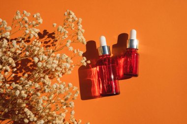 Turuncu arka planda gümüş kapaklı kırmızı cam damlalar. Güzel gün ışığında cilt bakım ürünleri. Doğal kozmetik konsepti ile kuru bitki. Yüz ve vücut bakımı için güzellik konsepti