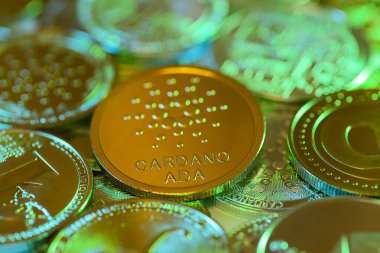 Diğer madeni paraların arka planına karşı Cardano altın sikkesi. Çevrimiçi bankacılık için elektronik sanal şifreli para birimi. İş para birimi teknolojisi kavramı. Güzel yeşil renkler