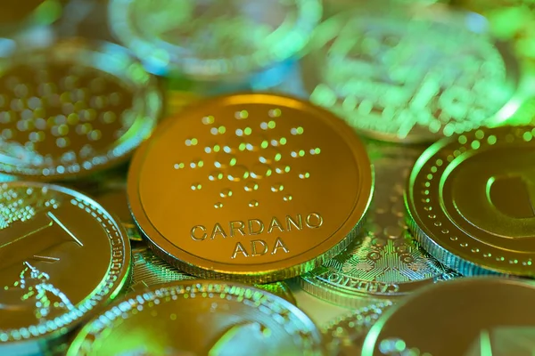 Cardano Golden Coin Background Other Coins Electronic Virtual Cryptocurrency Online — Zdjęcie stockowe