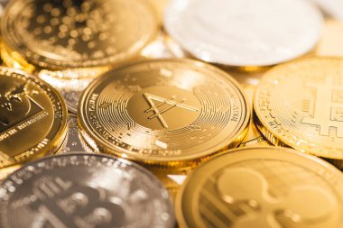 Diğer madeni paraların arka planına karşı Cardano altın sikkesi. Çevrimiçi bankacılık için elektronik sanal şifreli para birimi. İş para birimi teknolojisi kavramı.