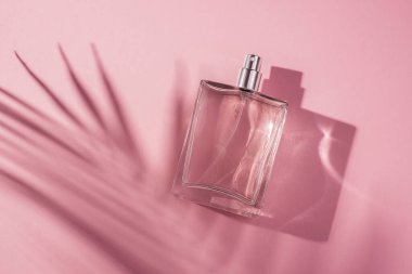 Pembe arka planda saydam bir parfüm şişesi. Gün ışığıyla güzel kokulu bir sunum. Doğal malzeme palmiyelerindeki moda kavramı gölge bırakır. Kadın ve erkeğin özü..