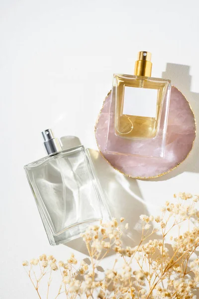 Transparent Bottles Perfume Pink Marble Plate Product Presentation White Background — Stockfoto