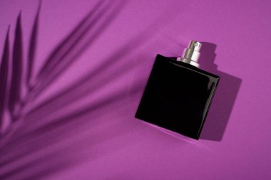 Menekşe arka planda şeffaf bir parfüm şişesi. Gün ışığıyla güzel kokulu bir sunum. Doğal malzeme palmiyelerindeki moda kavramı gölge bırakır. Kadın ve erkeğin özü..