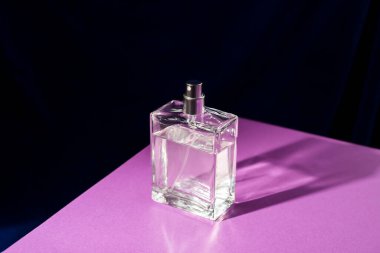 Mor arka planda şeffaf bir parfüm şişesi. Gün ışığıyla güzel kokulu bir sunum. Doğal malzemelerdeki güzel gölgeli moda konsept. Kadın ve erkeğin özü..