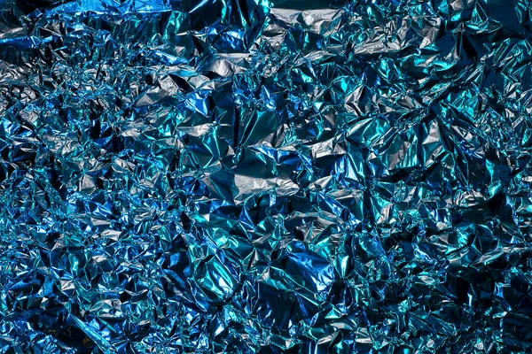 Blue Aluminum Wrinkled Foil Background Abstract Bright Texture Reflecting Creative — Stock Photo, Image