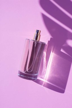 Leylak arka planında şeffaf bir parfüm şişesi. Gün ışığıyla güzel kokulu bir sunum. Palmiye gölgeli doğal malzemelerde moda bir kavram. Kadın ve erkeğin özü..