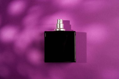 Mor arka planda siyah bir parfüm şişesi. Gün ışığıyla güzel kokulu bir sunum. Güzel gölgeli trend konsepti. Kadın özü..