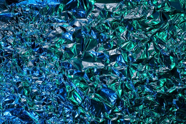 Blue Aluminum Wrinkled Foil Background Abstract Bright Texture Reflecting Creative — Stock Photo, Image