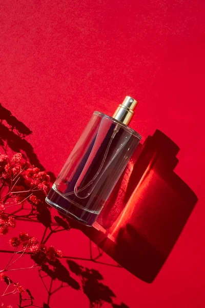 Transparent Bottle Perfume Red Background Fragrance Presentation Daylight Trending Concept — Stock Photo, Image