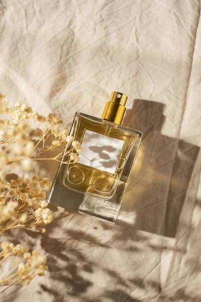 Transparent Bottle Perfume Light Grey Fabric Background Fragrance Presentation Daylight — Fotografia de Stock