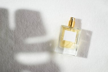 Beyaz arka planda etiketi olan saydam bir parfüm şişesi. Gün ışığıyla güzel kokulu bir sunum. Palmiye yapraklı doğal malzemelerde moda olan konsept. Kadın ve erkeğin özü..