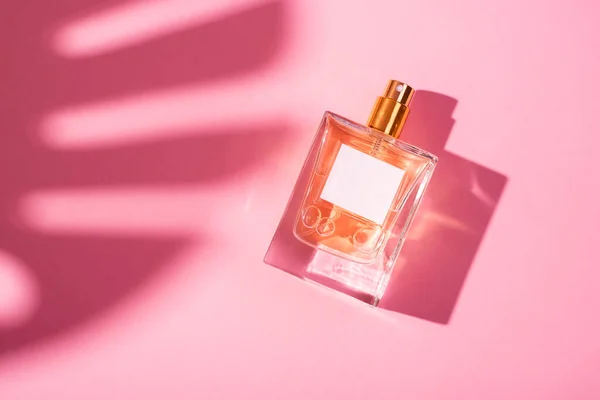 Transparante Fles Parfum Met Etiket Een Roze Achtergrond Parfumpresentatie Met — Stockfoto