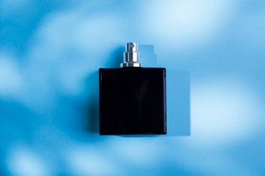 Mavi arka planda siyah bir parfüm şişesi. Gün ışığıyla güzel kokulu bir sunum. Güzel gölgeli trend konsepti. Kadın ve erkeğin özü..