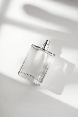 Beyaz arka planda saydam bir parfüm şişesi. Gün ışığıyla güzel kokulu bir sunum. Palmiye yapraklı doğal malzemelerde moda olan konsept. Kadın ve erkeğin özü..