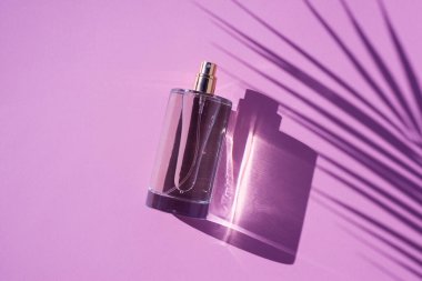 Leylak arka planında şeffaf bir parfüm şişesi. Gün ışığıyla güzel kokulu bir sunum. Palmiye gölgeli doğal malzemelerde moda bir kavram. Kadın ve erkeğin özü..