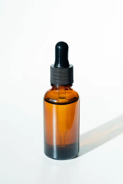 Bottle Dropper Pipette Serum Essential Oil White Background Daylight Skincare — Stock Photo, Image