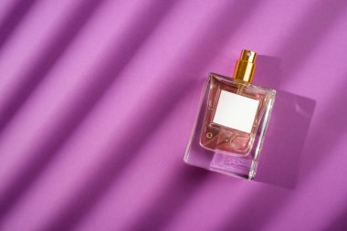 Pembe arka planda etiketi olan şeffaf bir parfüm şişesi. Gün ışığıyla güzel kokulu bir sunum. Doğal malzemelerdeki güzel gölgeli moda konsept. Kadın özü..