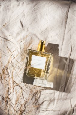 Açık gri kumaş arka planda şeffaf bir parfüm şişesi. Gün ışığı ve kuru çiçeklerle güzel bir sunum. Doğal malzemelerdeki trend konsepti. Kadın ve erkeğin özü..