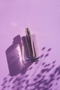 Leylak arka planında şeffaf bir parfüm şişesi. Gün ışığıyla güzel kokulu bir sunum. Doğal malzemelerde bitki gölgesiyle moda olan kavram. Kadın ve erkeğin özü..