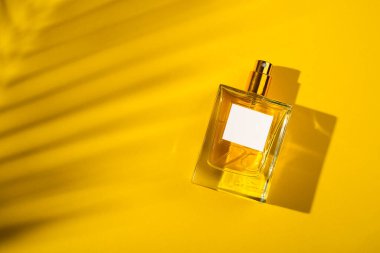 Sarı arka planda etiketi olan saydam bir parfüm şişesi. Gün ışığıyla güzel kokulu bir sunum. Doğal malzemelerdeki güzel gölgeli moda konsept. Kadın özü..