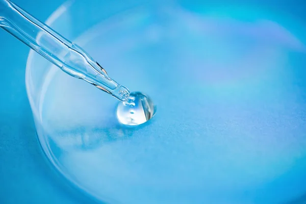 血清や化粧品の液体と青の背景にペトリ皿とドロッパーピペット 液体と泡の透明な容器 ゲルの質感の外観 医学と美の概念 — ストック写真