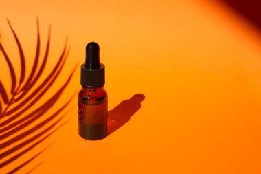Damla pipetli bir şişe serum ya da gerekli yağ. Turuncu arka plan, gün ışığı ve güzel palmiye gölgeleri. Cilt bakım ürünleri, doğal kozmetik ürünleri. Yüz ve vücut bakımı için güzellik konsepti