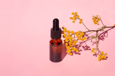 Damla pipetli bir şişe serum ya da gerekli yağ. Pembe arka plan, gün ışığı ve sarı çiçekler. Cilt bakım ürünleri, doğal kozmetik ürünleri. Yüz ve vücut bakımı için güzellik konsepti
