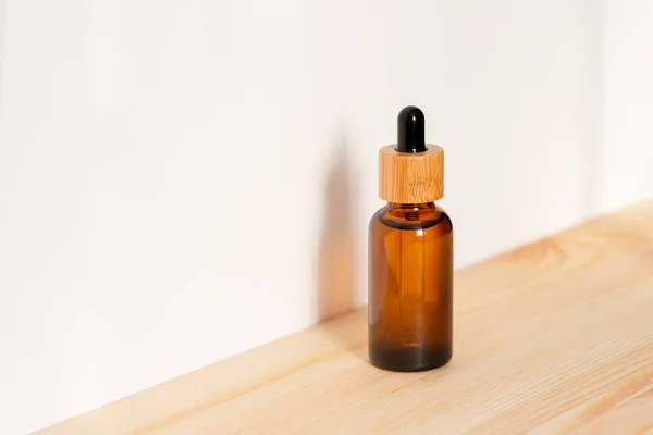 Amber Dropper Bottle Serum Essential Oil Natural Wooden Background Daylight —  Fotos de Stock