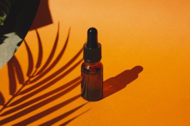 Kehribar şişesinde damla pipeti ve serum ya da gerekli yağ. Turuncu arka plan, gün ışığı ve güzel palmiye gölgeleri. Kincare ürünleri, doğal kozmetik. Yüz ve vücut bakımı için güzellik konsepti