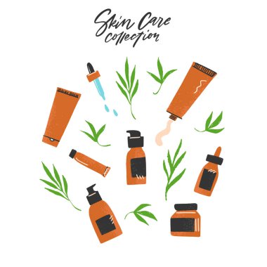 El çizimi kaligrafi cilt bakımı ve farklı ürünlerin doğal kozmetik koleksiyonu. Yeşil palmiye yapraklı turuncu şişeler ve tüpler düz stil. Resim beyaza izole edildi