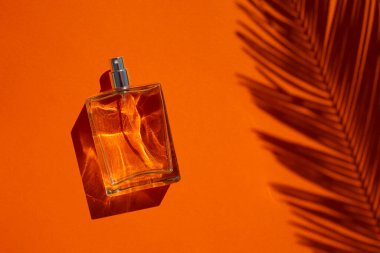 Turuncu arka planda saydam bir parfüm şişesi. Gün ışığıyla güzel kokulu bir sunum. Doğal malzeme palmiyelerindeki moda kavramı gölge bırakır. Kadın ve erkeğin özü..