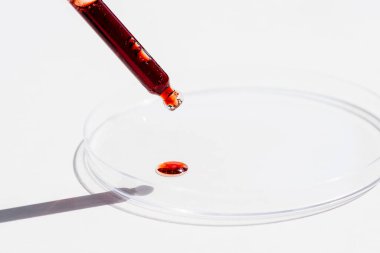 Serumlu damlalık pipeti ya da beyaz arka planda kırmızı sıvı ve petri kabı. İçi sıvı ve kabarcıklarla dolu şeffaf bir kap. Jel dokusunun görünüşü. Tıp ve güzellik konsepti.
