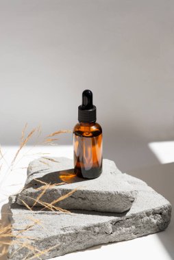 Amber glass dropper with black lid and dry plant. Bottle on grey concrete podium for product presentation. Skincare cosmetic. Beauty concept