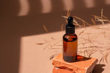 Siyah kapaklı ve kuru bitkili kehribar cam damlası. Ürün sunumu için kırmızı beton podyumda bir şişe. Cilt bakım ürünleri ve kır çiçekleri. Güzellik konsepti