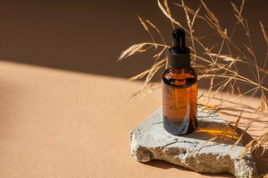 Siyah kapaklı ve kuru bitkili kehribar cam damlası. Ürün sunumu için gri beton podyumda bir şişe. Cilt bakım ürünleri ve kır çiçekleri. Güzellik konsepti