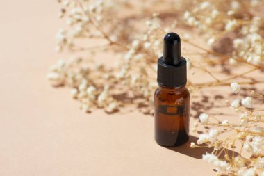 Kehribar şişesinde damla pipeti ve serum ya da gerekli yağ. Bej arka plan, gün ışığı, güzel çiçekler ve gölgeler. Cilt doğal kozmetik. Yüz ve vücut bakımı için güzellik konsepti