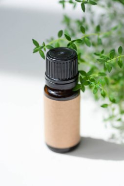 Kehribar şişesinde kekik yağı var. Beyaz arka plan, gün ışığı ve güzel gölgeler. Cilt bakım ürünleri, doğal kozmetik ürünleri. Yüz ve vücut bakımı için güzellik konsepti