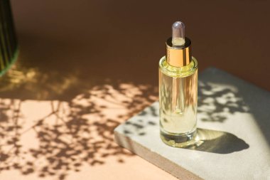 Damlalık pipetli şeffaf şişe ya da gerekli yağ ve çiçek gölgeleri. Ürün sunumu için gri beton podyumda bir şişe. Cilt bakım ürünleri ve kır çiçekleri. Güzellik konsepti