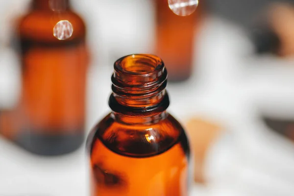 Open Amber Bottle Serum Essential Oil White Background Daylight Beautiful —  Fotos de Stock
