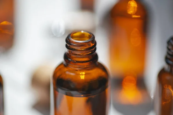 Open Amber Bottle Serum Essential Oil White Background Daylight Beautiful — Stock Fotó