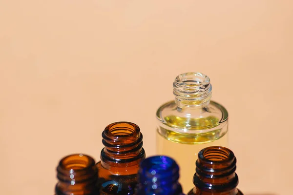 Open Amber Blue Transparent Bottles Cap Serum Essential Oil Soft — Zdjęcie stockowe