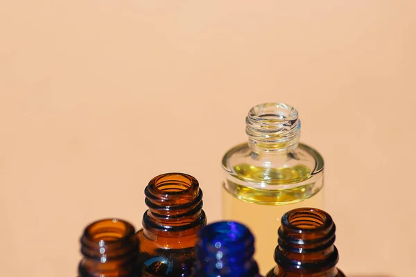 Open Amber Blue Transparent Bottles Cap Serum Essential Oil Soft —  Fotos de Stock